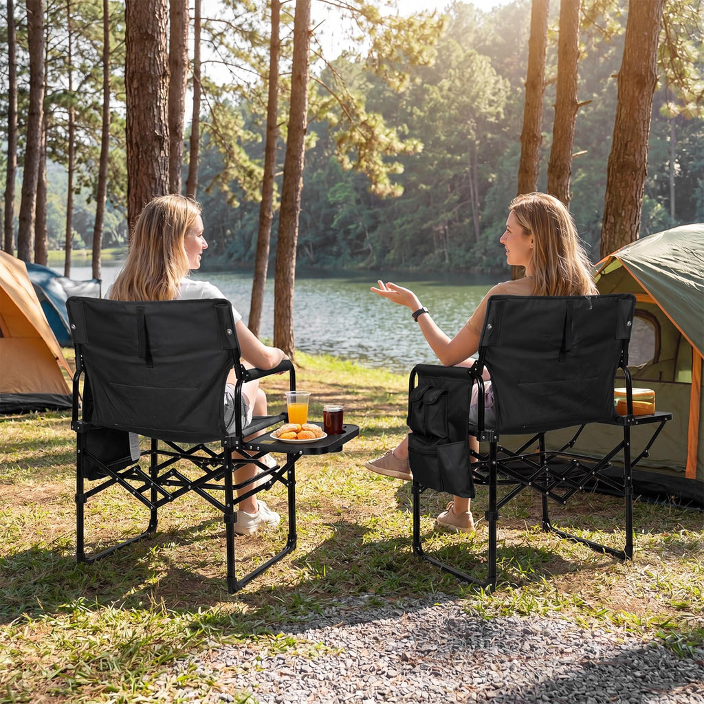 Romswi 2 Pack 30" Extra Tall Folding Camping Chairs, Heavy Duty Director Chairs with Side Table, Cup Holder & Storage Pocket, 400 LBS Support, Portable Outdoor Chairs for Camping, Sports, Events, Blue