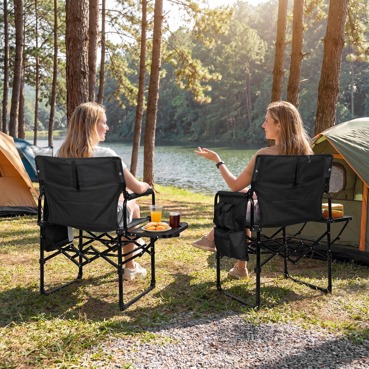 Romswi 2 Pack 30" Extra Tall Folding Camping Chairs, Heavy Duty Director Chairs with Side Table, Cup Holder & Storage Pocket, 400 LBS Support, Portable Outdoor Chairs for Camping, Sports, Events, Blue