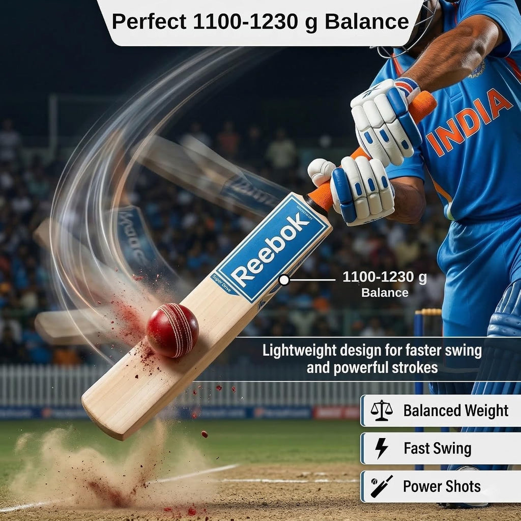 REEBOK Super Drive (, Leather Bat) SH Kashmir Willow Cricket Bat for 15+ Yrs (1100 g) Bat Grip and Sticker May Vary Based on Availability