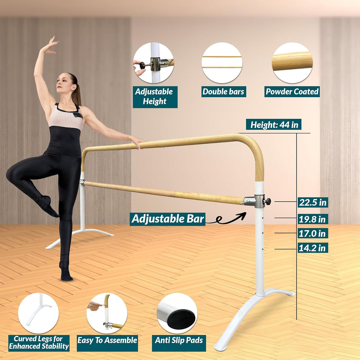 Ballet Barre Portable for Home or Studio, 6 ft Extendable to 12 ft Bar Curved, Height Adjustable from 27" to 44", Ideal for Stretch, Pilates, Dance, Active Workouts, Single or Double, Kids Adults