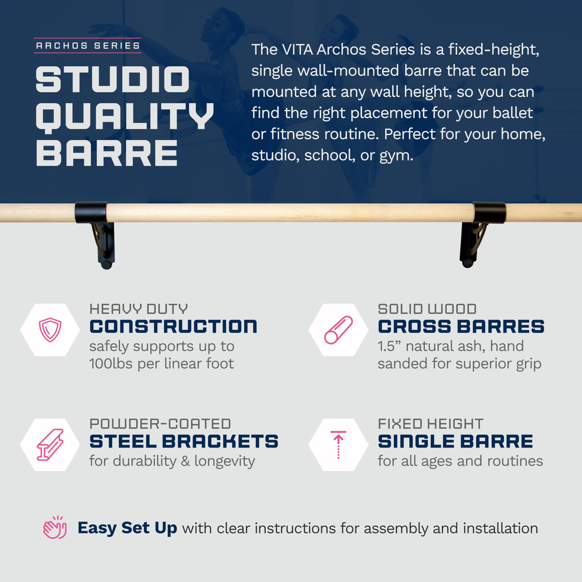VITA Barre Wall-Mounted Single Ballet Barre, Archos, Wood | Fixed Height, Made in USA, Home, Studio or Gym Exercise Equipment for Kids & Adults | Dance, Fitness, Pilates