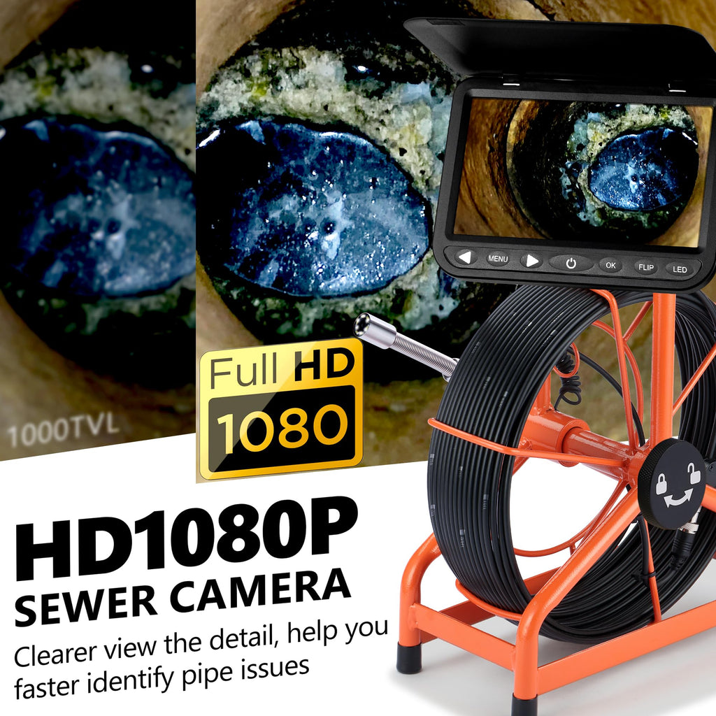 [ChoosePROÂ®] HD1080P Sewer Camera 7'' w/1s Twist-Unlock System, DVR-32GB, 0.64'' Thicker Reel, 5000mAh 100FT Marked Cable, Plumbing Pipe Inspection Camera for Drain & Sewer Inspection