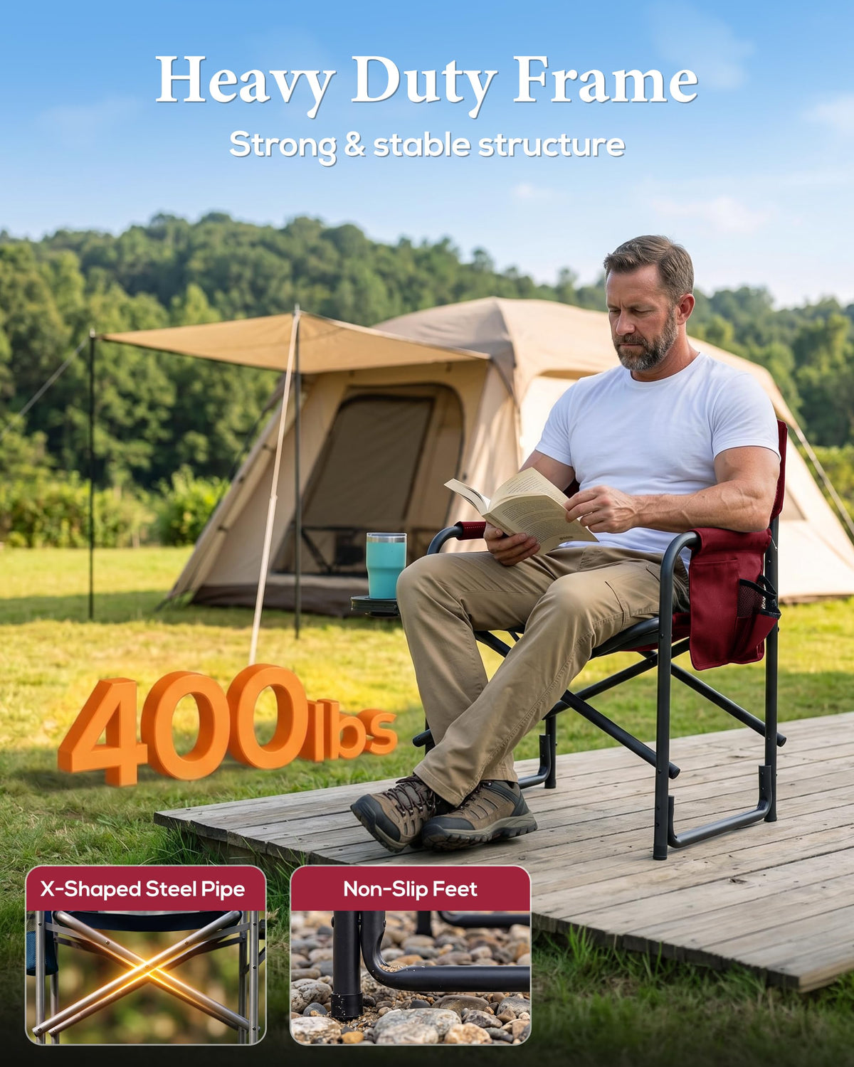 Aluminum Tall Camping Directors Chair 30.7" Seat Height, 400lbs Load