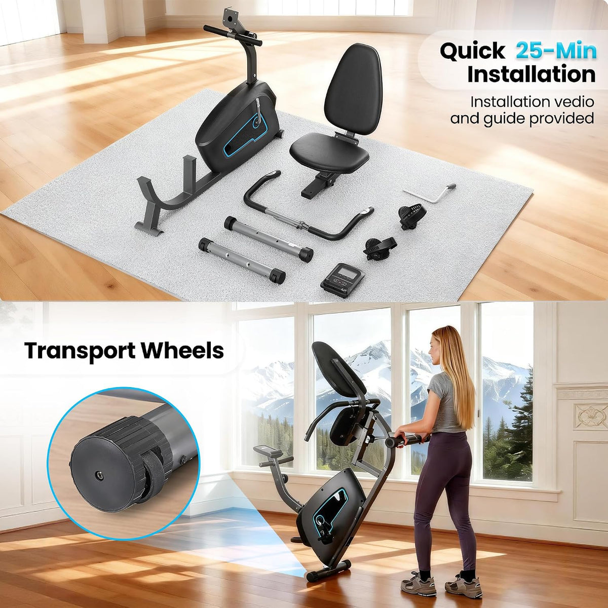 BODIOO Exercise Bike, Recumbent Exercise Bike for Seniors, Stationary Bike for Home Workout, 8-Level Magnetic Resistance, Quiet Smooth Ride, Comfortable Seat with Backrest, Heart Rate Monitor, 300LB Capacity