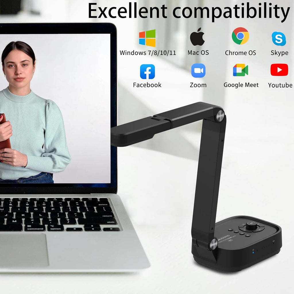 QPC100S 4K USB 13MP Portable Document Camera, with Mic, LED Light,Auto Focus, HDMI/USB Plug and Play, Compatible with Mac OS, Windows, Chromebook Compatible for Live Demo and Document Scanning
