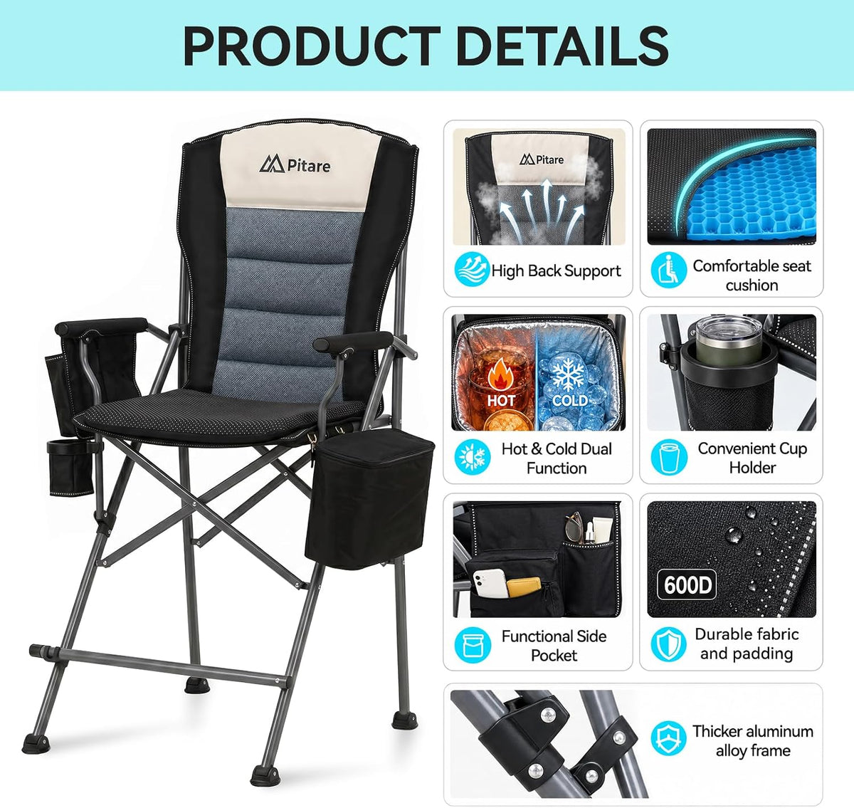 Tall Camping Chair for Adults, Tall Folding Directors Chair with Cooler Bag, Gel Cushion and Footrest, 440 lbs Heavy Duty Camping Portable High Chair for Beach, Sports, Outdoor Events