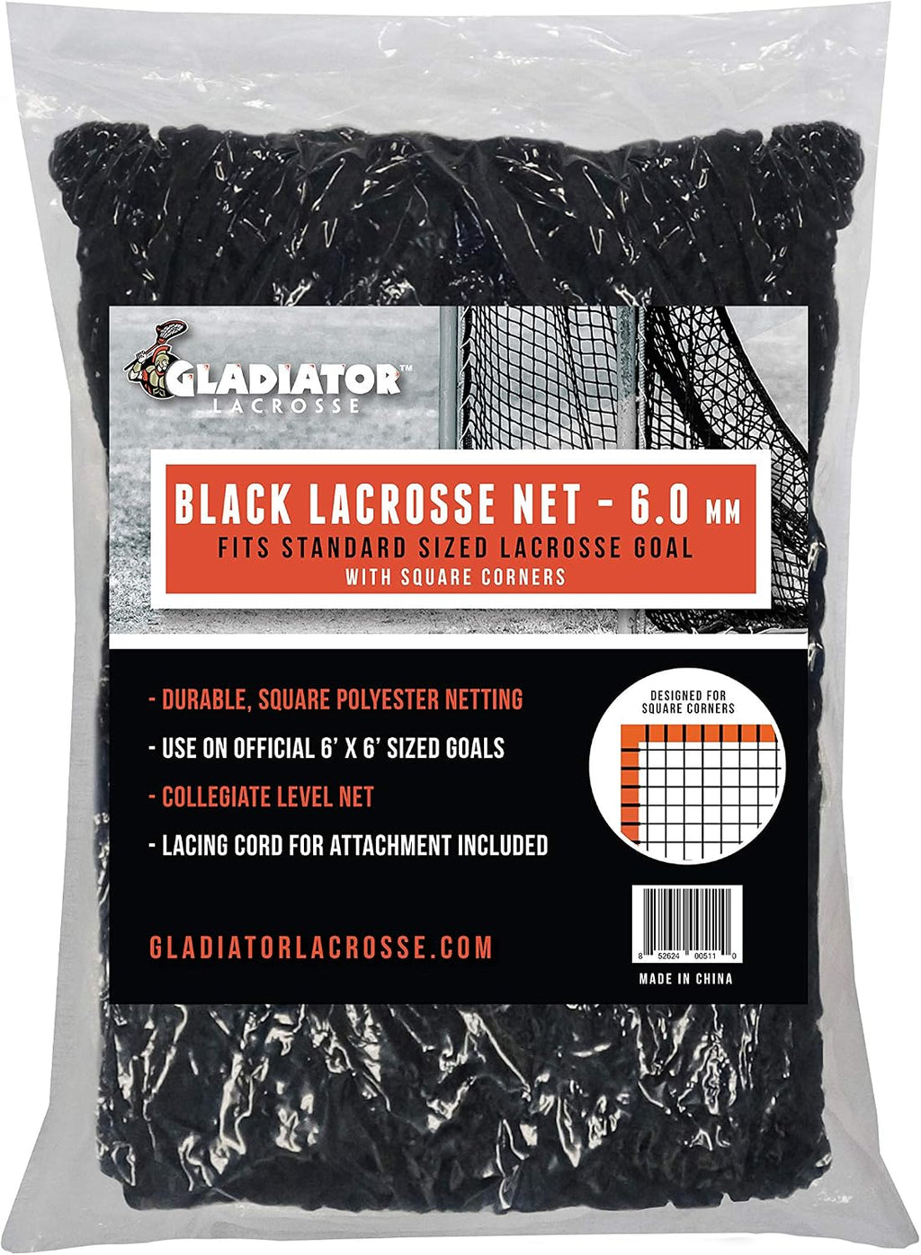 Gladiator Lacrosse Collegiate Level 6mm Heavy Duty Black Replacement Lacrosse Goal Net 6'x6' for Professional Goals (Square Corners) (852624005301)