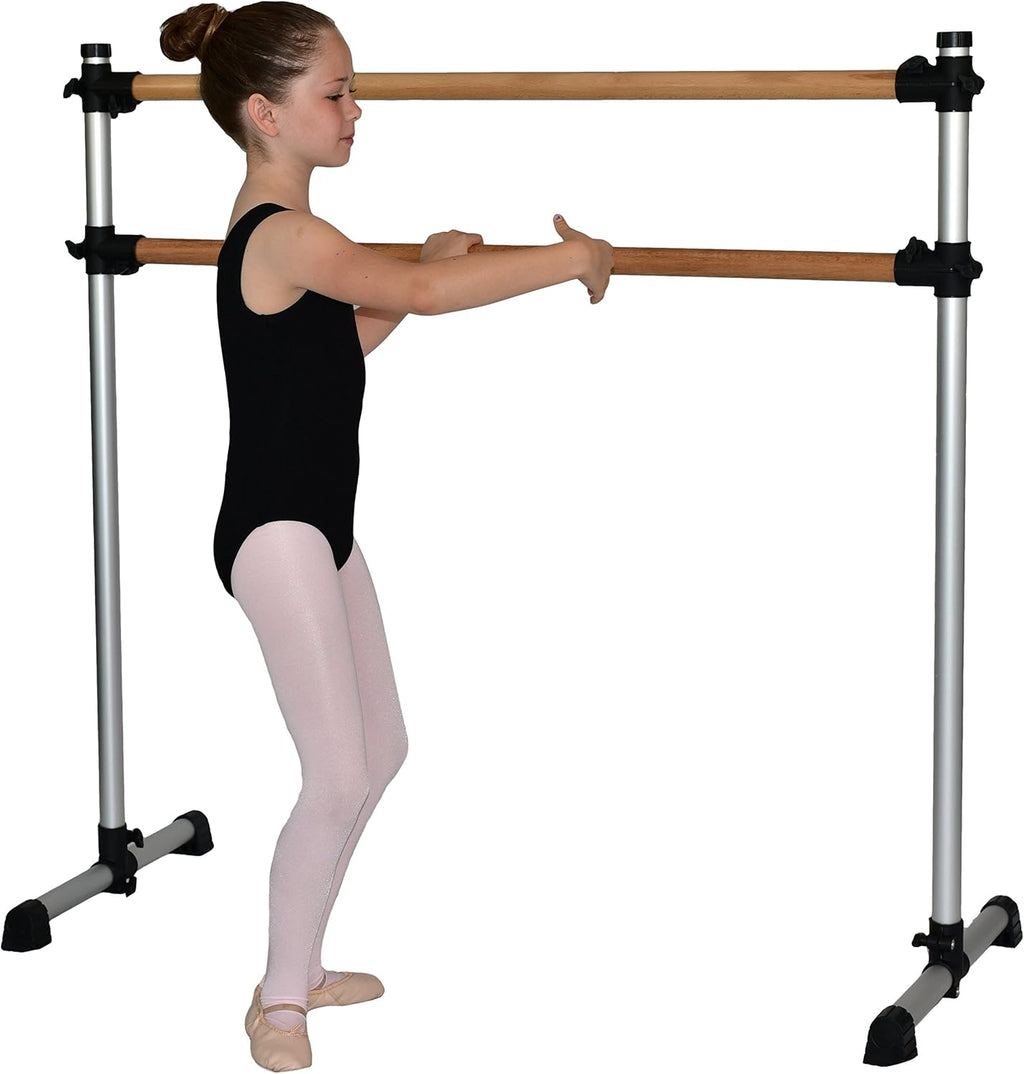 Traditional Real Wood Portable Double Freestanding 4 Foot Ballet Barre, Stretch/Dance Bar, 4 Feet Fitness Barre - 29 inch Base