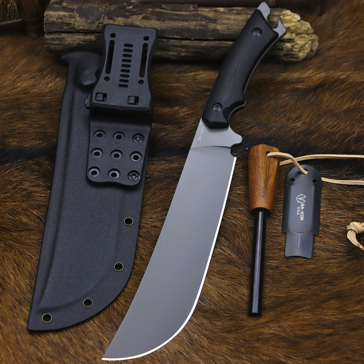 BA-KOR 5MM (9CR18MOV) steel 12.8'' full tang Hunting knife +K sheathing &5.9" cerium igniter can be used outdoors for outdoor hunting, camping, obstacle clearing, wood chopping, BBQ, fishing, kitchen cutting, EDC tools, gifts (G10 Black-C, Inches, 12.8)
