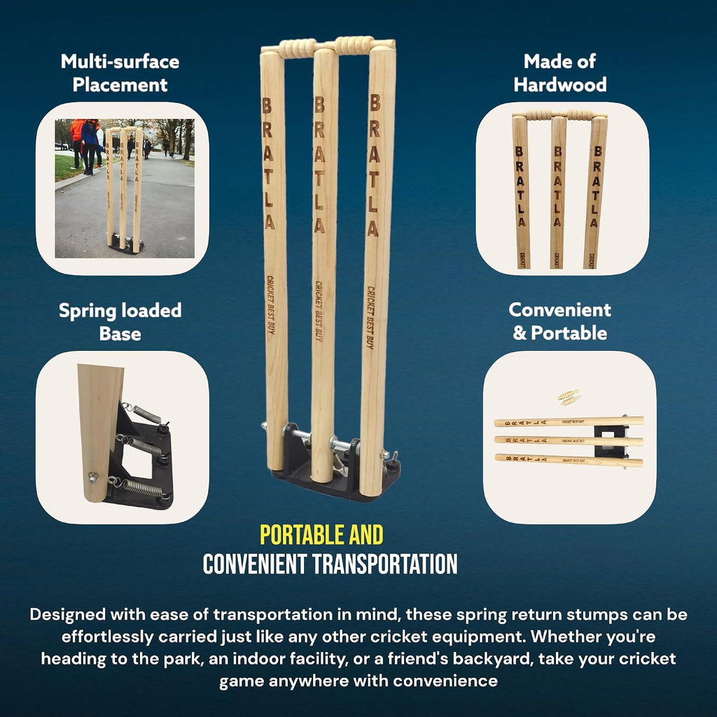 CBB Cricket Spring Return Stumps Wickets Metal Base Multi Surface Placement (Set of 2)