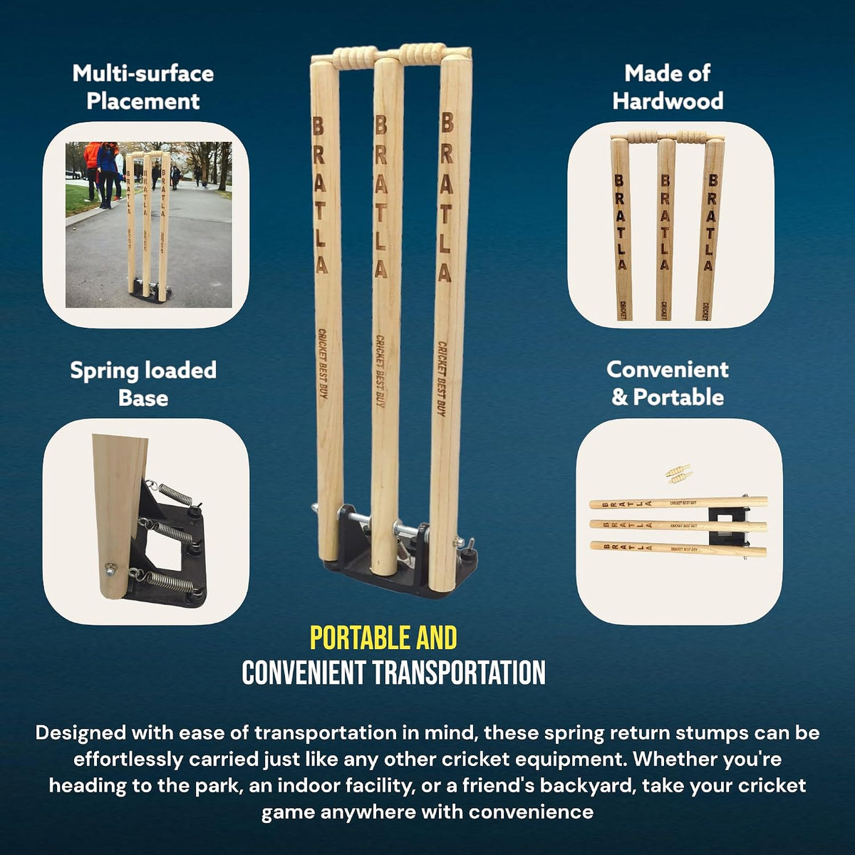 CBB Cricket Spring Return Stumps Wickets Metal Base Multi Surface Placement (Set of 2)