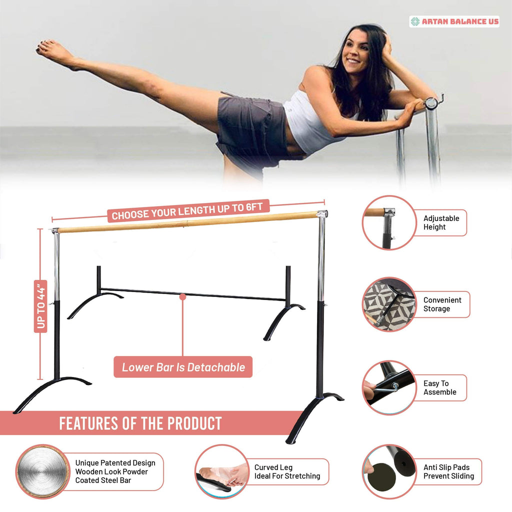 Artan Balance Ballet Barre for Home and Studio Bundle + Portable Marley Dance Floor + Stretching Strap