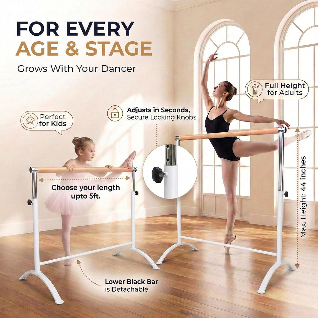 Ballet Barre Portable for Home or Studio, Freestanding Adjustable Bar for Stretch, Balance, Pilates, Dance or Active Workouts, Single or Double Bar, Kids and Adults