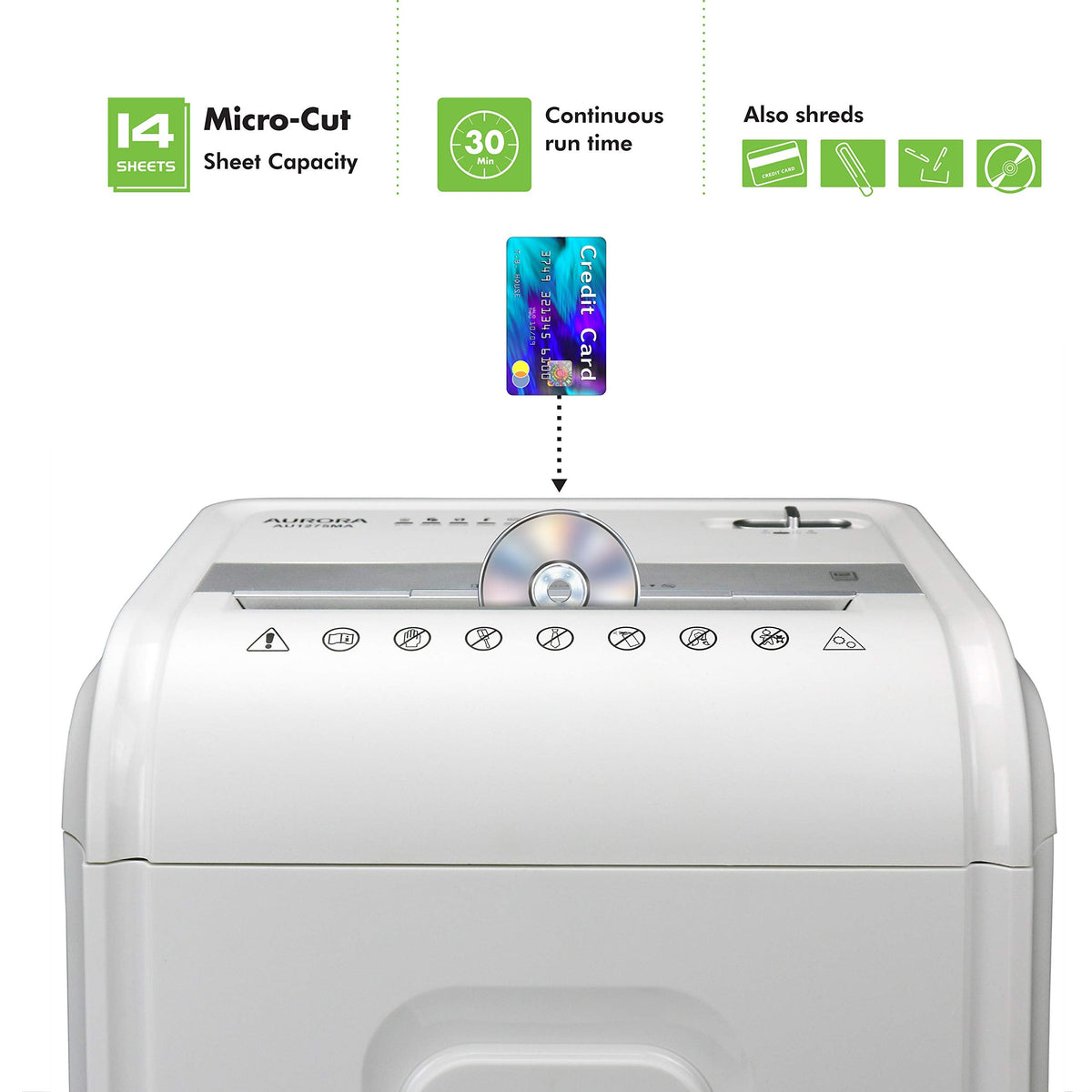 Aurora High-Security 8-Sheet Micro-Cut Paper, CD/DVD and Credit Card Shredder, White/Gray