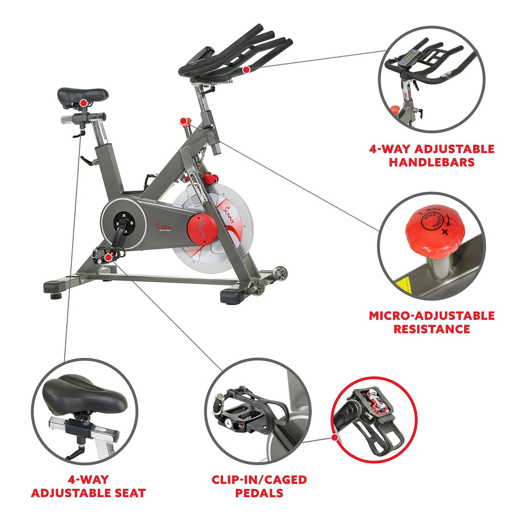 Sunny Health & Fitness Magnetic Exercise Bike, 44LB Flywheel & 300LB Weight Capacity for Intensive Home Workout, Indoor Cardio Training w/4-Way Adjustable Seat, Optional Free SunnyFit App Connection