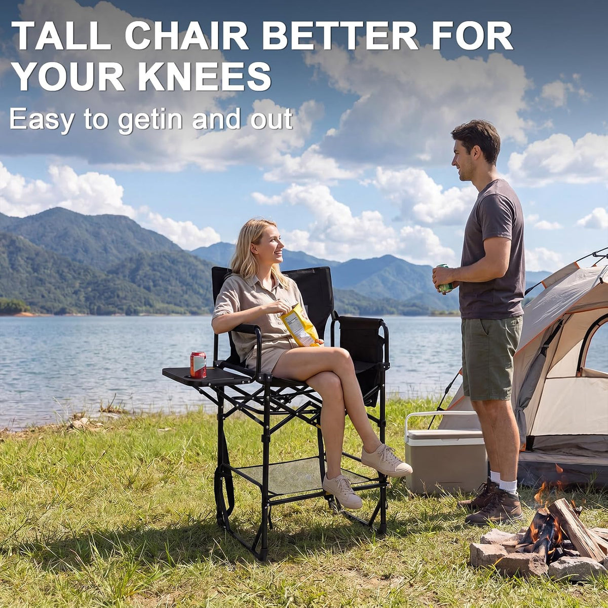2 Pack Tall Directors Chair 30.7" Seat Height, Heavy Duty Folding Makeup Artist Chair with Side Table, Cup Holder & Storage Pocket, Portable High Camping Bar Stool Supports 400lbs, Black/Grey