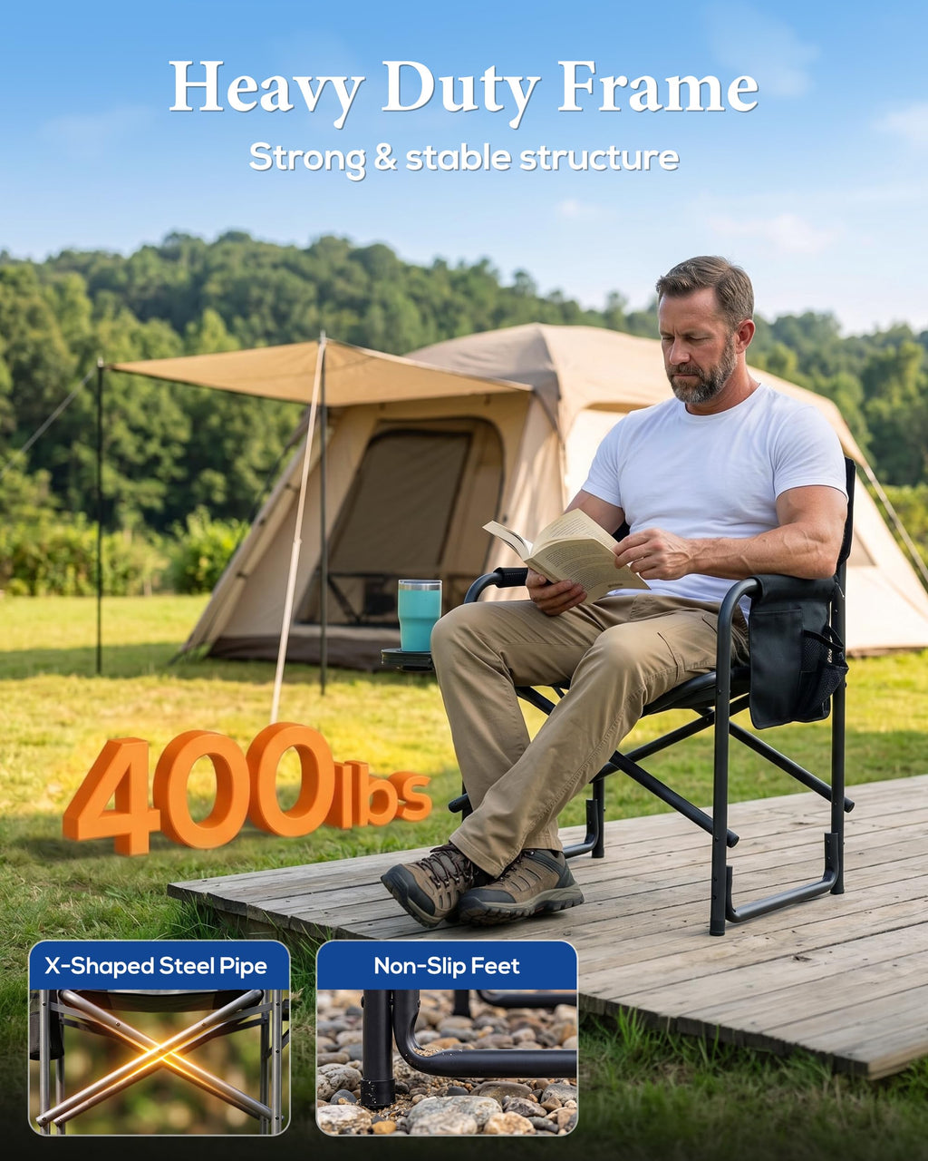 Aluminum Tall Camping Directors Chair 30.7" Seat Height, 400lbs Load