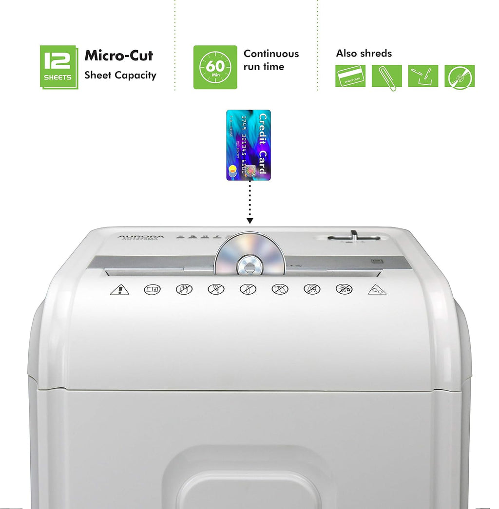 Aurora Professional Grade 12-Sheet Micro-Cut Paper and CD/Credit Card Shredder/ 60 Minutes Continuous Run Time, White/Gray