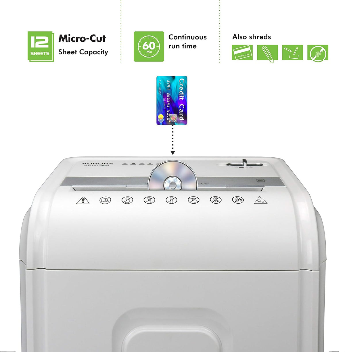 Aurora Professional Grade 12-Sheet Micro-Cut Paper and CD/Credit Card Shredder/ 60 Minutes Continuous Run Time, White/Gray
