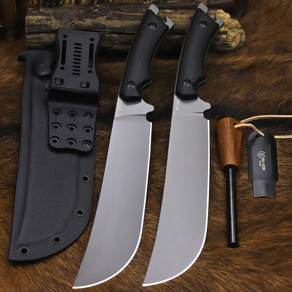 BA-KOR 5MM (9CR18MOV) steel 12.8'' full tang Hunting knife +K sheathing &5.9" cerium igniter can be used outdoors for outdoor hunting, camping, obstacle clearing, wood chopping, BBQ, fishing, kitchen cutting, EDC tools, gifts (G10 Black-C, Inches, 12.8)