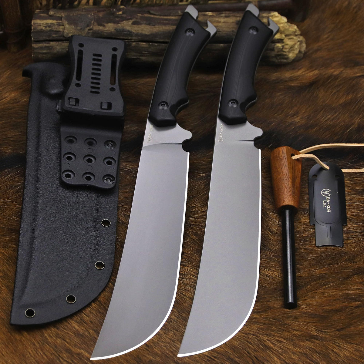 BA-KOR 5MM (9CR18MOV) steel 12.8'' full tang Hunting knife +K sheathing &5.9" cerium igniter can be used outdoors for outdoor hunting, camping, obstacle clearing, wood chopping, BBQ, fishing, kitchen cutting, EDC tools, gifts (G10 Black-C, Inches, 12.8)