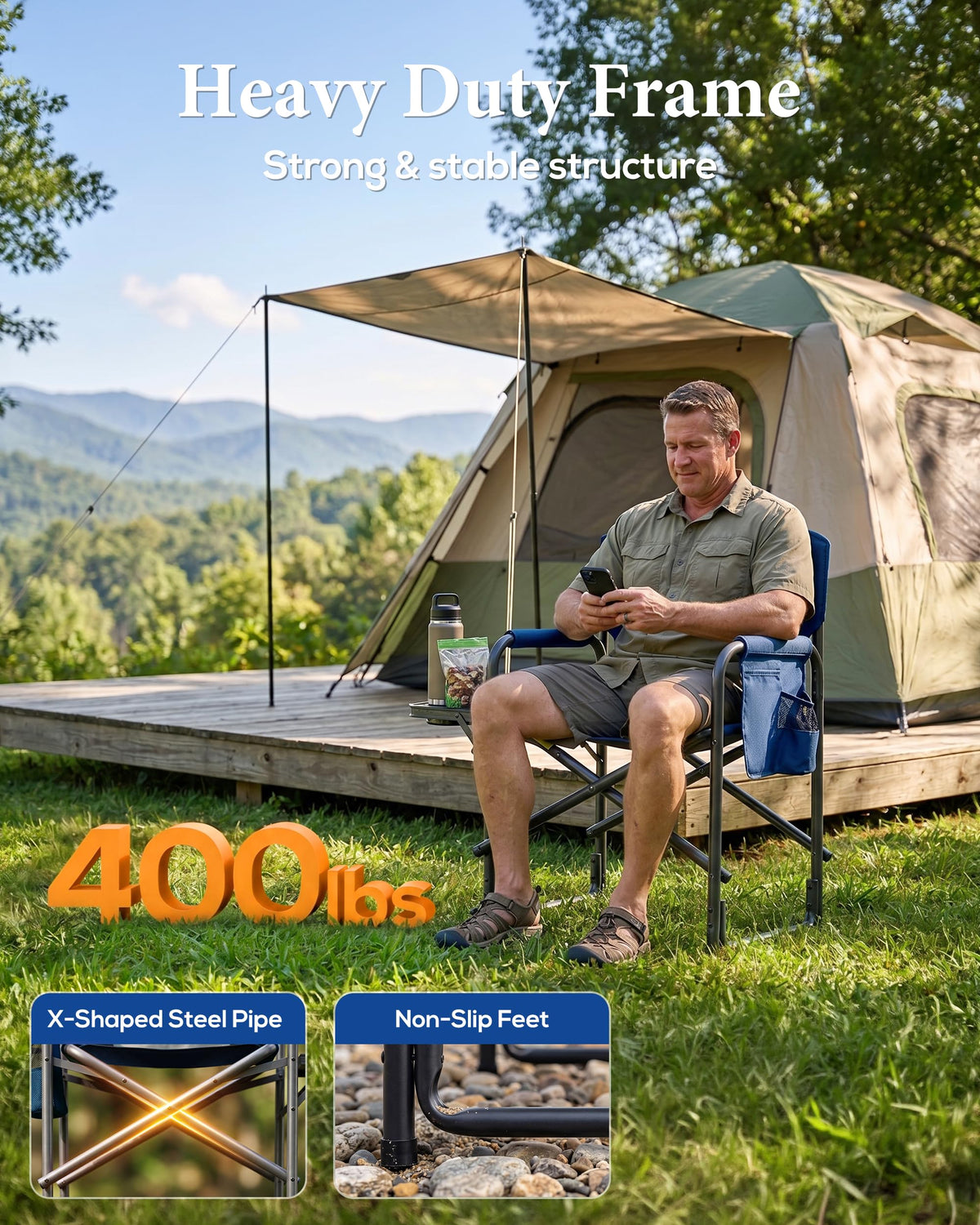 Aluminum Tall Camping Directors Chair 30.7" Seat Height, 400lbs Load