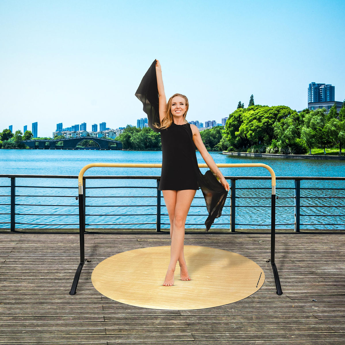 Artan Balance Ballet Barre for Home and Studio Bundle + Portable Marley Dance Floor + Stretching Strap