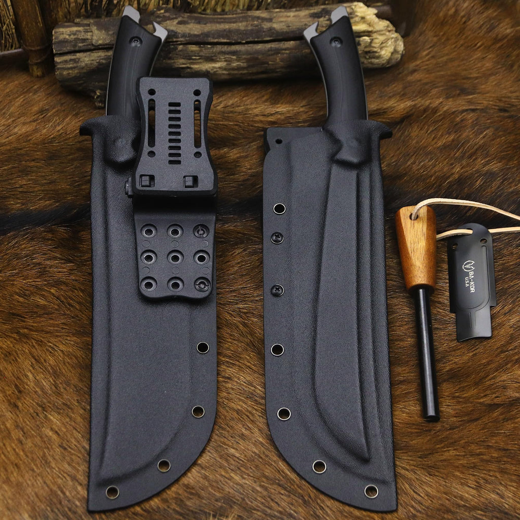BA-KOR 5MM (9CR18MOV) steel 12.8'' full tang Hunting knife +K sheathing &5.9" cerium igniter can be used outdoors for outdoor hunting, camping, obstacle clearing, wood chopping, BBQ, fishing, kitchen cutting, EDC tools, gifts (G10 Black-C, Inches, 12.8)
