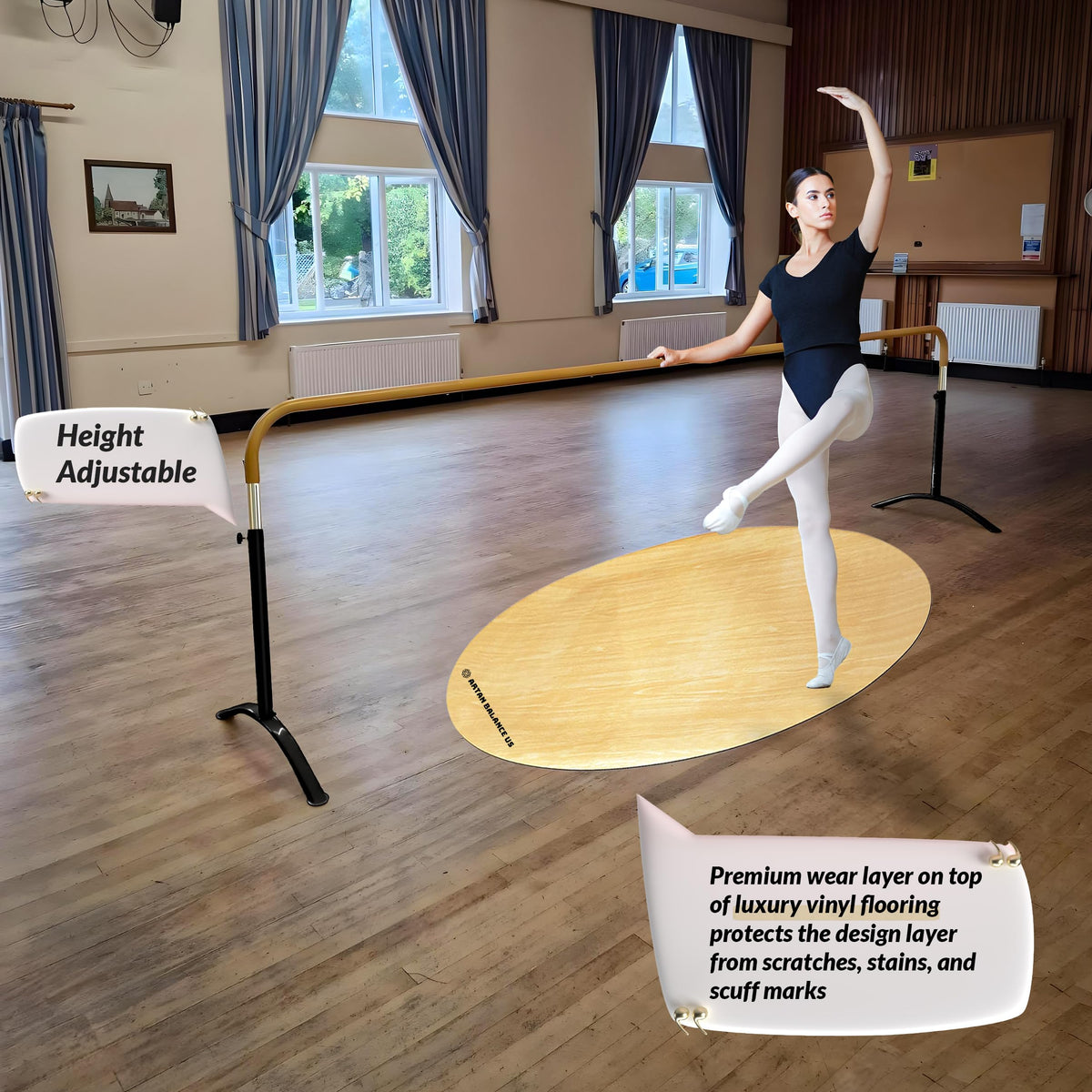 Artan Balance Ballet Barre for Home and Studio Bundle + Portable Marley Dance Floor + Stretching Strap