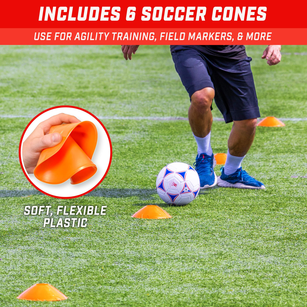 GoSports Elite Soccer Goals - 12 x 6 ft and 6 x 4 ft Portable Soccer Nets for Games or Practice - Includes 6 Cones, Carrying Case, and Ground Stakes