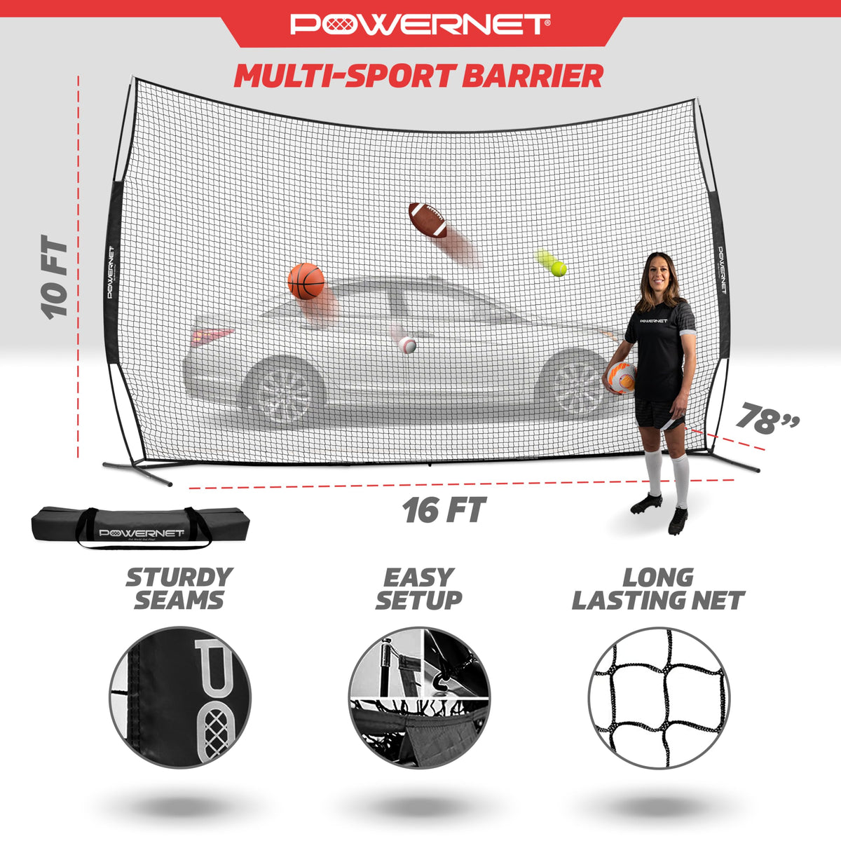 PowerNet Portable Sports Rebounder -Basketball, Volleyball, Soccer, Baseball, Softball and Lacrosse, Backyard & Garage Backstop, Indoor Outdoor Safety Net for Protection