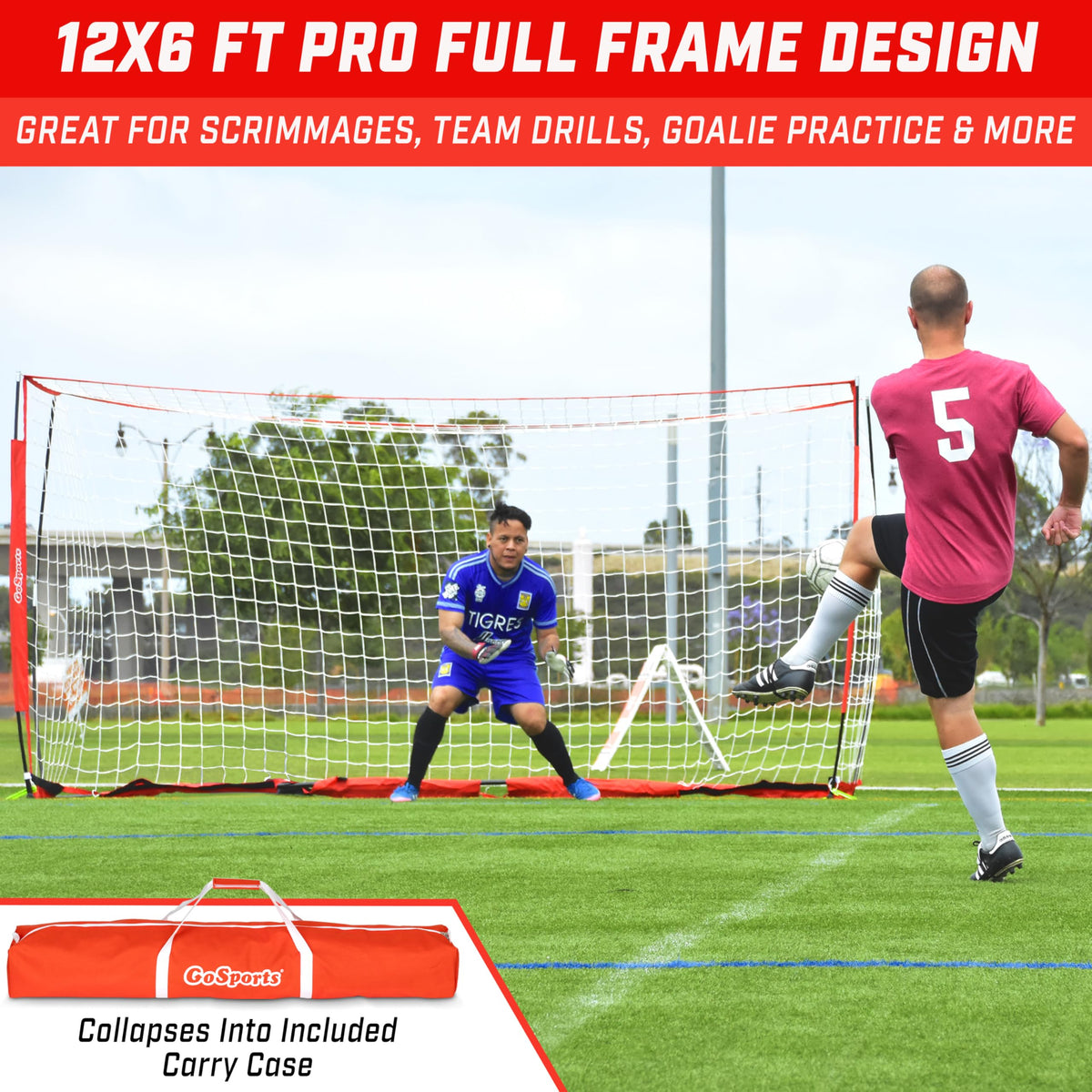 GoSports Elite Soccer Goals - 12 x 6 ft and 6 x 4 ft Portable Soccer Nets for Games or Practice - Includes 6 Cones, Carrying Case, and Ground Stakes