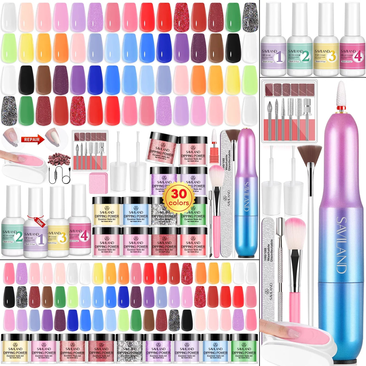 Sizeaviland Keratin Dip Powder Nails Kit with Drill - 30 Colors Dipping Nail Powder Kit with Base and Top Coat Activator Dip Powder Liquids Sizeet, Cuticle Oil and Electric Drill