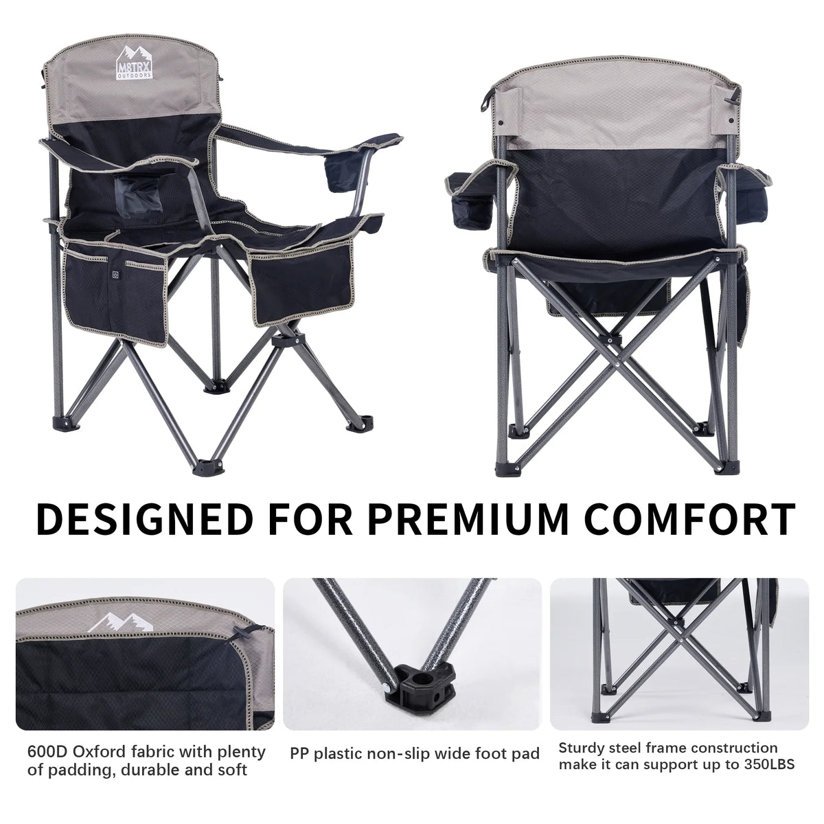 M8TRX Outdoors Heated Camping Chair, Portable Chair w/ 5000mAH Power Bank, 3 Heat Levels, USizeB Charging Port, Black