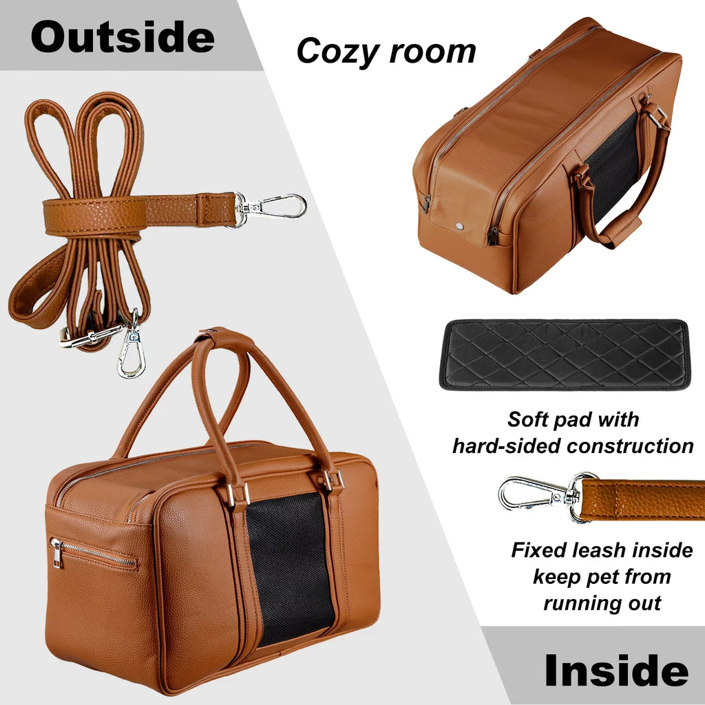 Fashion Dog Purse Carrier for Sizemall Dogs with 2 Extra Pockets, Holds Up to 10lbs Pu Leather Cloth Pet Carrier, Cat Carrier, Airline Approved Puppy Purse Carrier for Travel (Brown, Sizemall Sizeize)