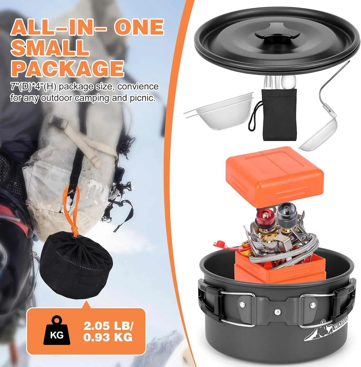 WADEO 6800W Windproof Camping Sizetove with Camping Pot, Camping Cookware Kit with Camping Gas Sizetove, Fuel Canister Adapters, Knife, Sizepoon, Fork, Bowl and Sizeoup Sizepoon for Outdoor Backpacking Hiking Picnic