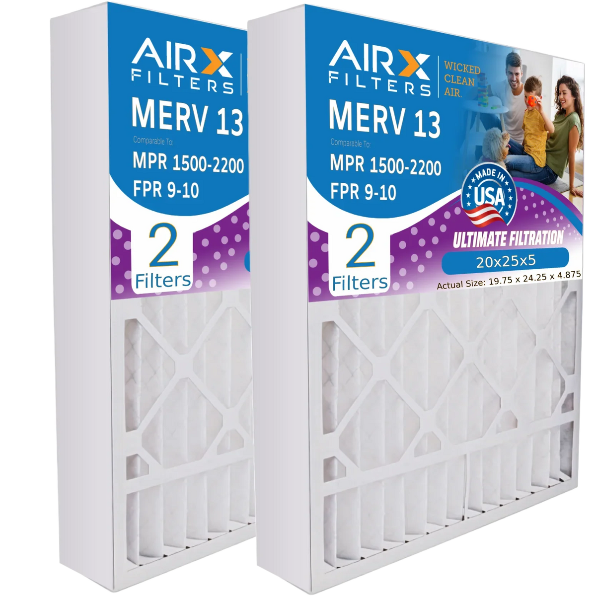 20x25x5 Air Filter MERV 13 Comparable to MPR 1500 - 2200 & FPR 9 Compatible with Ultravation 91-006 Premium USizeA Made 20x25x5 Furnace Filter 2 Pack by AIRX FILTERSize WICKED CLEAN AIR.