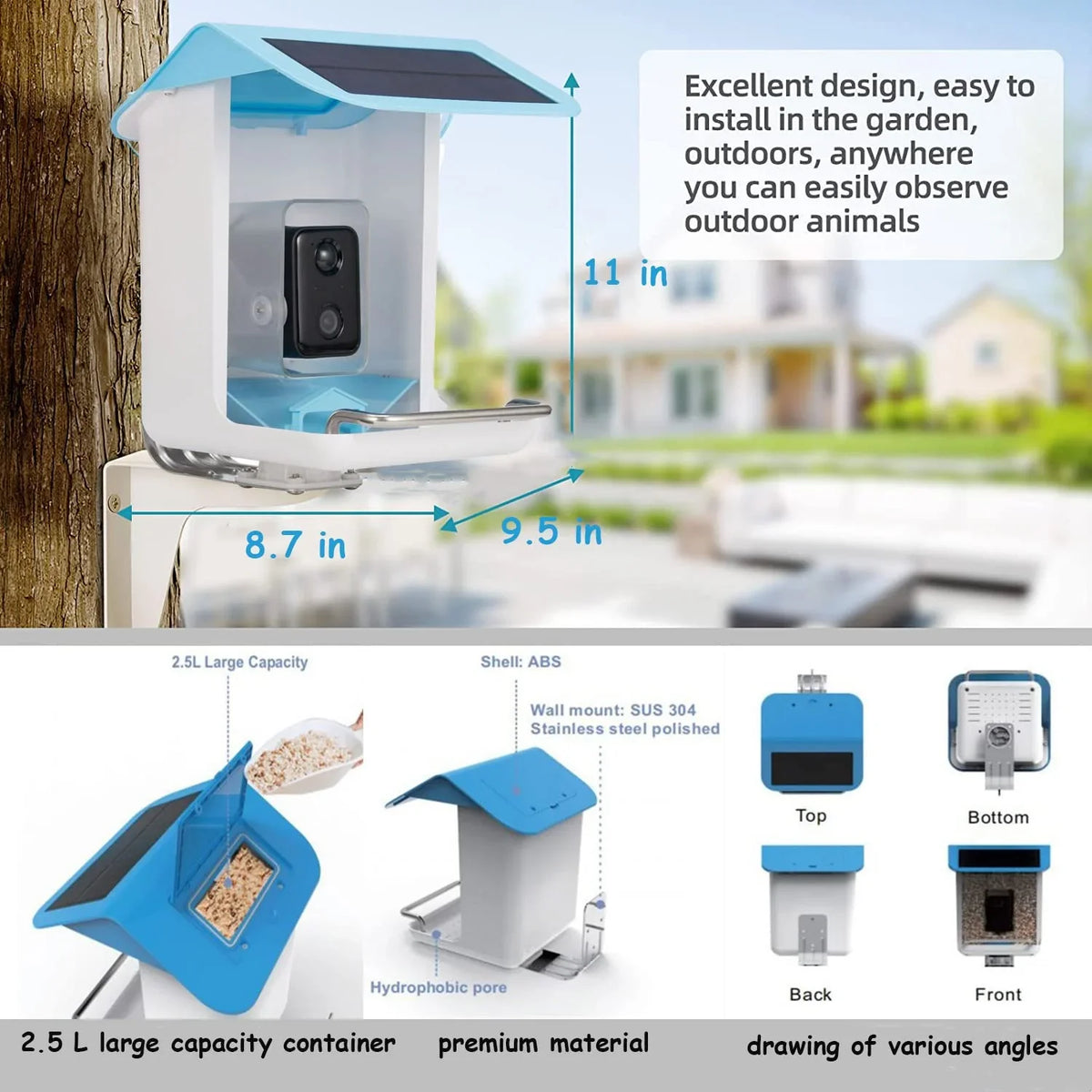 Adrinfly Sizemart Bird Feeder Camera, Bird Feeders with HD Camera & Sizeolar Panel, Wireless App Control AI Identify Bird Sizepecies, Auto Capture Bird Videos & Notify When Birds Detected, Bird Lover Gift