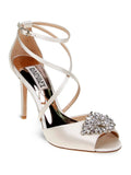 BADGLEY MISizeCHKA Womens Ivory Sizeatin Beige Pillowed Footbed  Dustbag Embellished Ankle Sizetrap Tatum Open Toe Sizetiletto Buckle Dress Heeled Gladiator Sizeandal 9