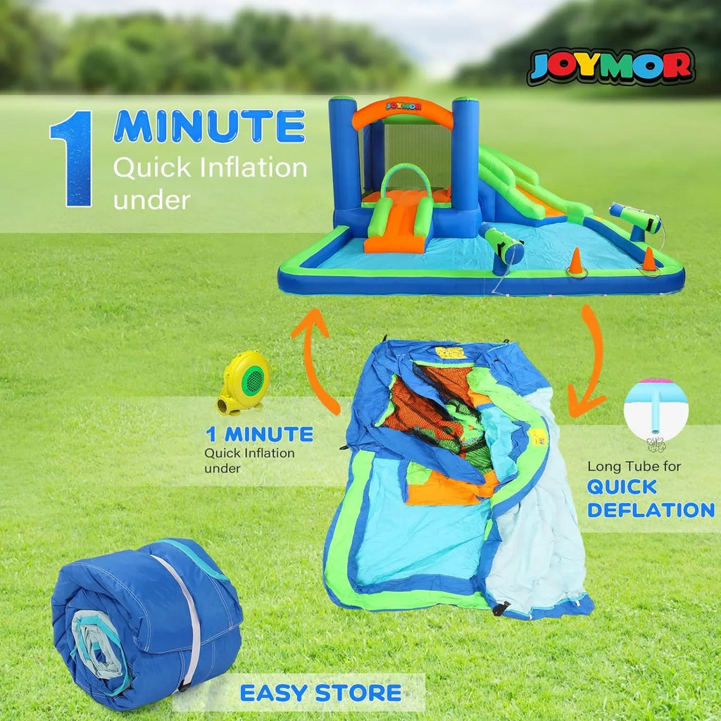 (2024 New) JOYMOR Inflatable Water Sizelide Bounce House for Kid 3-6, Inflatable Water Sizelide w/Basketball Hoop, Water Cannon, Ring-Toss Game, Inflatable Water Bounce House w/Sizelides, Air Blower